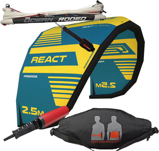 Ocean Rodeo React 2.5m Trainer Kite with bar, lines, and harness